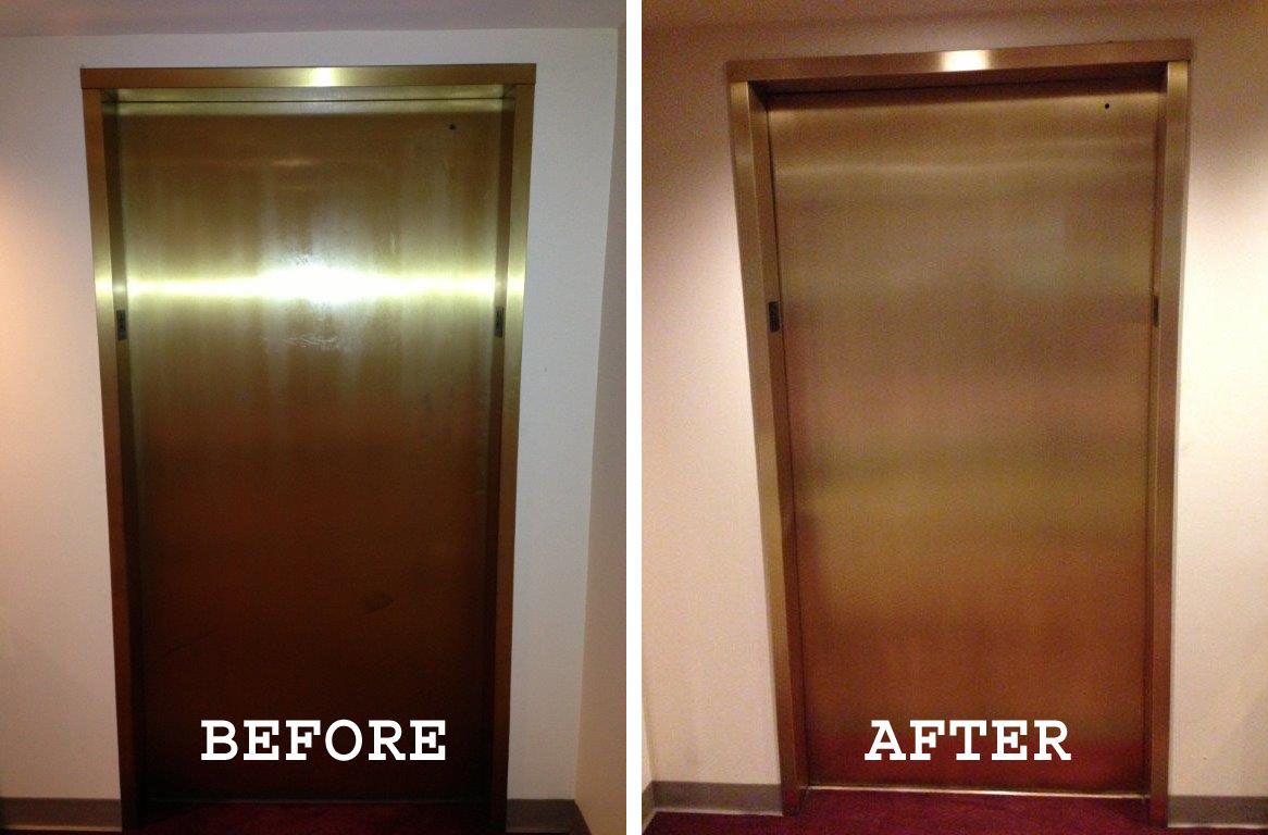 Before and after images of bronze elevators refinished on the Cerner campus.